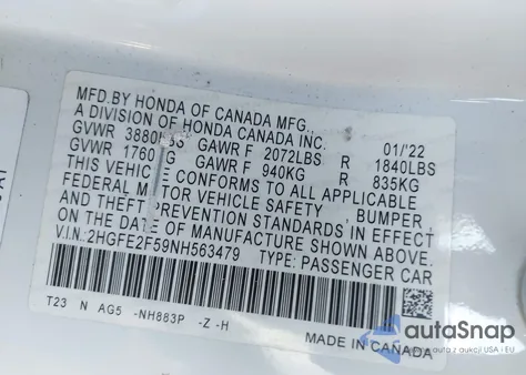 2022 Honda Civic Sport z USA, uszkodzony, nr VIN 2HGFE2F59NH563479